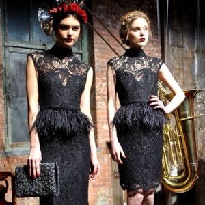 Alice & Olivia/REVOLVE black embellished lace feather trim Patricia peplum dress